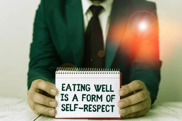 Word writing text Eating Well Is A Form Of Self Respect. Business concept for a quote of promoting healthy lifestyle Man holds empty paper with copy space in front of him Space.