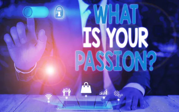Handwriting text What Is Your Passion Question. Concept meaning asking about his strong and barely controllable emotion Male human wear formal work suit presenting presentation using smart device.