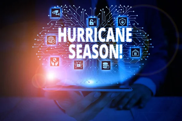 Writing note showing Hurricane Season. Business photo showcasing time when most tropical cyclones are expected to develop Male wear formal work suit presenting presentation smart device.