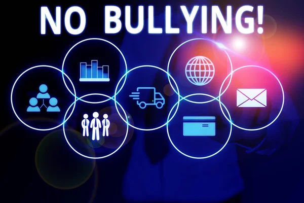 Text sign showing No Bullying. Conceptual photo stop aggressive behavior among children power imbalance Woman wear formal work suit presenting presentation using smart device.