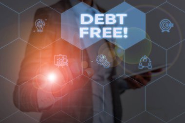 Borç Ücretsiz gösteren kavramsal el yazısı. İş fotoğraf vitrin herhangi bir kişi veya şirketler e herhangi bir para sahibi değil Kadın sunum akıllı cihaz sunan iş elbisesi giymek.