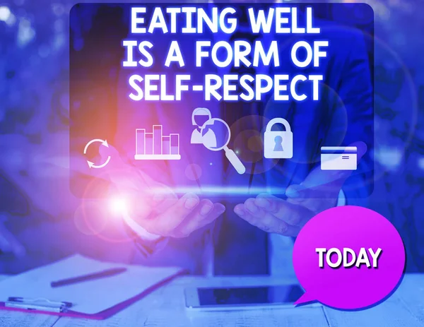 Text sign showing Eating Well Is A Form Of Self Respect. Conceptual photo a quote of promoting healthy lifestyle man icons smartphone speech bubble office supplies technological device.