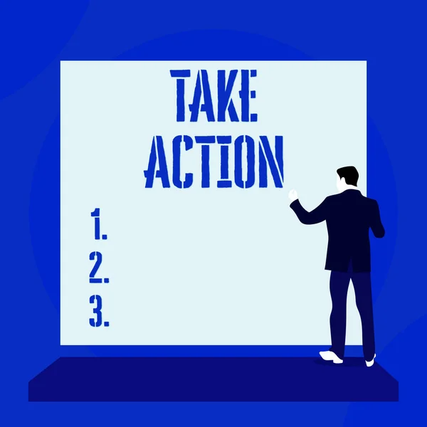 Text sign showing Take Action. Conceptual photo to do somethingoract in order to get a particular result Back view young man dressed suit standing platform facing blank rectangle.