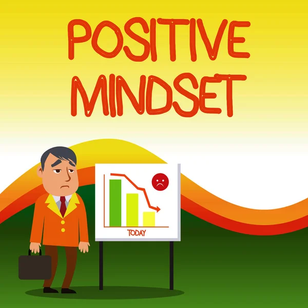 Text sign showing Positive Mindset. Conceptual photo mental attitude in wich you expect favorable results Businessman Clerk with Brief Case Standing Whiteboard Declining Bar Chart.