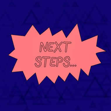 Kelime yazma metni Sonraki Adımlar. Modern Tasarım için İki Ton Violet üçgen örgü desen ilk bir Anahat Rakam yaptıktan sonra yaptığınız bir şey için iş konsepti.