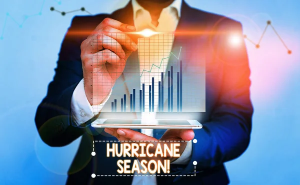 Writing note showing Hurricane Season. Business photo showcasing time when most tropical cyclones are expected to develop bar char improvement line smartphone computer office technology device.