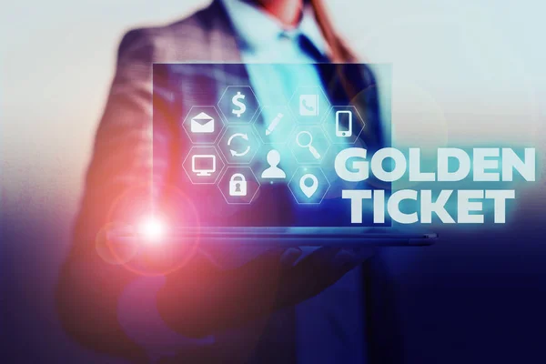 Handwriting text writing Golden Ticket. Concept meaning Rain Check Access VIP Passport Box Office Seat Event.