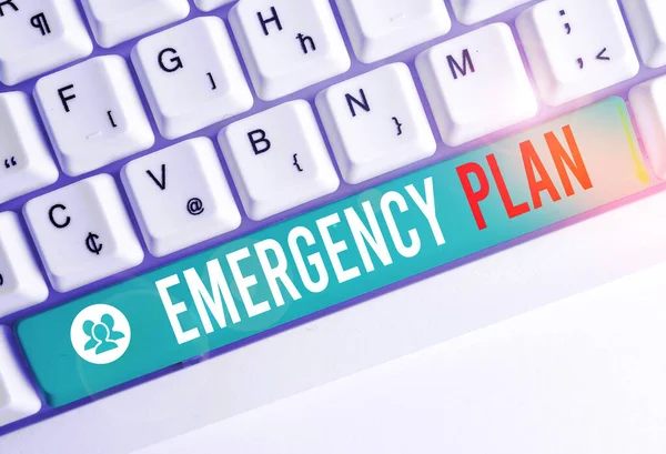 Writing note showing Emergency Plan. Business photo showcasing procedures for handling sudden or unexpected situations White pc keyboard with note paper above the white background.