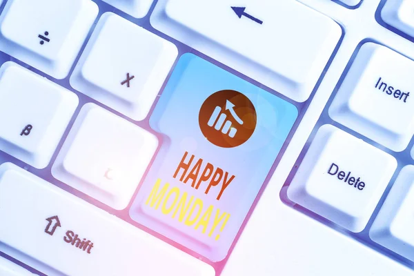 Word writing text Happy Monday. Business concept for telling that demonstrating order to wish him great new week White pc keyboard with empty note paper above white background key copy space. — Stock Photo, Image