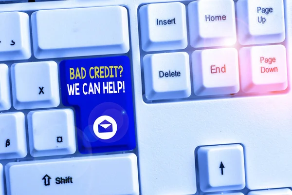 Word writing text Bad Creditquestion We Can Help. Business concept for offerr help to gain positive payment history White pc keyboard with empty note paper above white background key copy space.