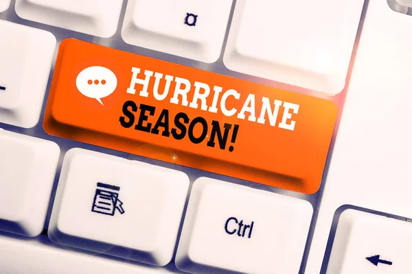 Text sign showing Hurricane Season. Conceptual photo time when most tropical cyclones are expected to develop White pc keyboard with empty note paper above white background key copy space.