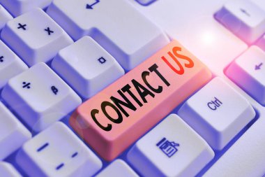 Handwriting text writing Contact Us. Concept meaning Group of demonstrating that rendering costumer service through telecom White pc keyboard with empty note paper above white background key copy spac