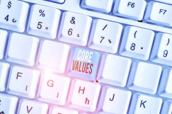 Writing note showing Core Values. Business photo showcasing belief demonstrating or organization views as being importance White pc keyboard with note paper above the white background.