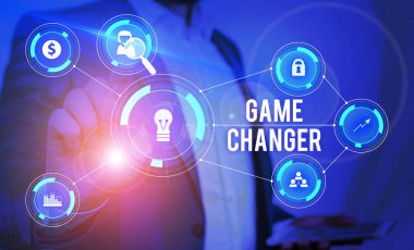 Kelime yazma metin Oyun Değiştirici. Spor Veri Scorekeeper Gamestreams Canlı Skorlar Takım Yöneticileri Erkek insan giyim resmi iş elbisesi sunum sunum akıllı cihaz kullanarak iş konsepti.