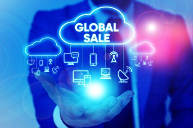 El yazısı metin Global Sale. Kavram anlamı analysisagers şirketler için operasyonlar uluslararası iş yapmak Erkek insan giyim resmi iş elbisesi sunum sunum akıllı cihaz kullanarak.