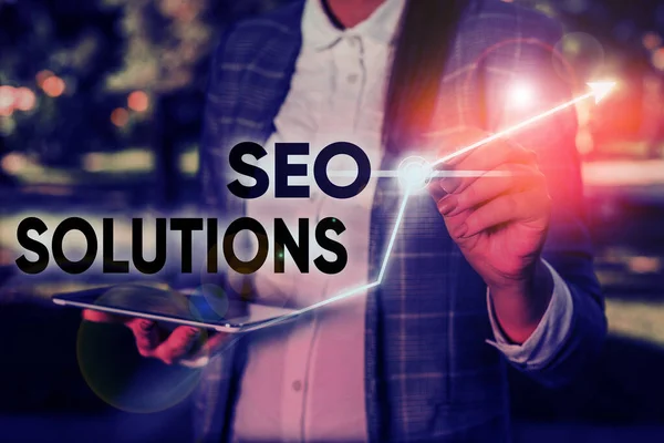 Word writing text Seo Solutions. Business concept for Search Engine Result Page Increase Visitors by Rankings. — Stock Photo, Image