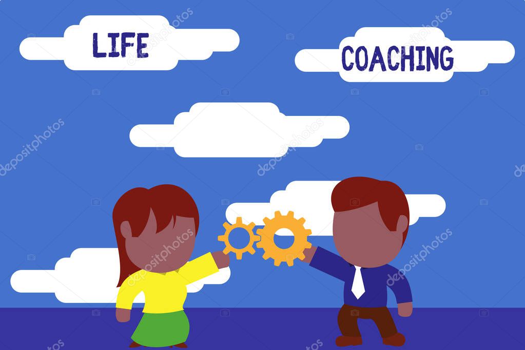 Handwriting text Life Coaching. Concept meaning Improve Lives by Challenges Encourages us in our Careers Standing young couple sharing gear. Man tie woman skirt commerce relation.