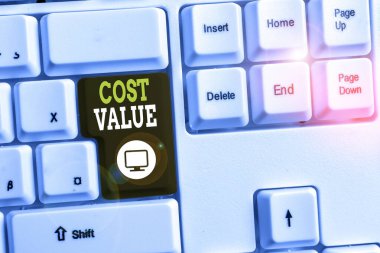 Maliyet Değerini gösteren metin işareti. Kavramsal fotoğraf Satın aldığınız bir öğe için olağan olarak ödenen veya beyaz arka plan tuş kopyalama alanının üzerinde boş not kağıdı olan gösteren beyaz bilgisayar klavyesi kiralama tutarı.