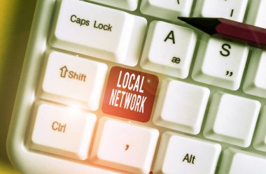 Yerel Ağ yazma el yazısı metin. Kavram anlamı Intranet Lan Radyo Dalgaları Dsl Boradband Switch Bağlantı Beyaz pc klavye beyaz arka plan tuşu kopyalama alanı üzerinde boş not kağıdı ile.