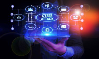 Siber Saldırı'yı gösteren kavramsal el yazısı. İş fotoğraf vitrine Hackerlar tarafından bir girişim Damage Destroy a Computer System Woman sunum akıllı cihaz sunan iş elbisesi giymek.