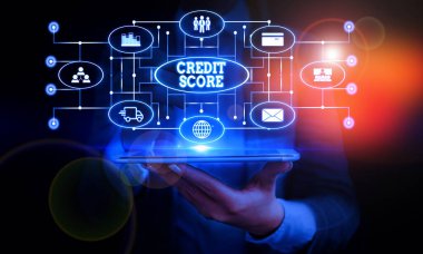 Kredi Puanını gösteren kavramsal el yazısı. İş fotoğraf vitrin bireysel bir Lenders rating Kadın giyim iş elbisesi sunum akıllı cihaz sunan kredibilançosu temsil.
