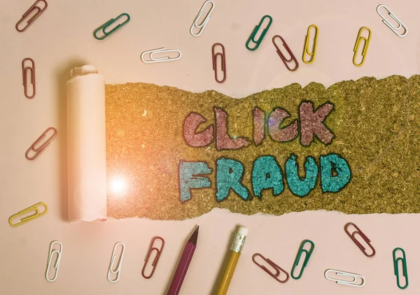 Writing note showing Click Fraud. Business photo showcasing practice of repeatedly clicking on advertisement hosted website.