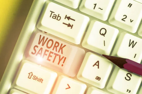 Escritura manual conceptual que muestra la seguridad en el trabajo. Políticas y procedimientos de texto fotográfico de negocios para garantizar la salud de los empleados Teclado blanco para PC con papel de nota sobre el fondo blanco . — Foto de Stock