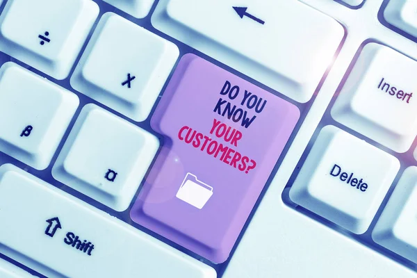 Handwriting text Do You Know Your Customers question. Concept meaning asking to identify a customer s is nature White pc keyboard with empty note paper above white background key copy space. — Stock Photo, Image