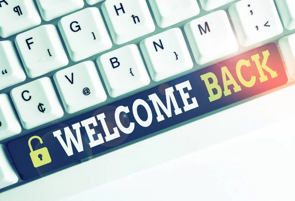 Handwriting text Welcome Back. Concept meaning Warm Greetings Arrived Repeat Gladly Accepted Pleased White pc keyboard with empty note paper above white background key copy space.