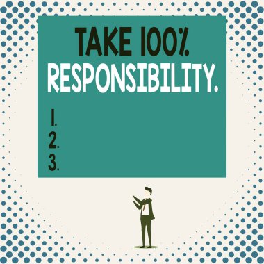 El yazısı metni% 100 Sorumluluk al. Kavram demek, nesnelerin listesinden sorumlu olmak demektir. Ayrı bir bakış açısıyla genç adam iki elini yukarı kaldırarak dikdörtgen şeklinde duruyor..