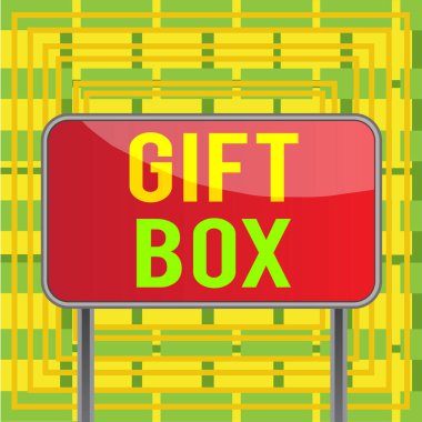 Hediye Kutusu 'nu gösteren mesaj tabelası. Kavramsal fotoğraf sunumları işleme yeteneğine sahip küçük bir sikkeci Tahta zemin metalik levha boş renkli arka plan iliştirilmiş.