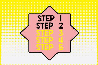 1, 2, 3, 4 ve 5 numaralı adımları gösteren not yazılıyor. Bir işlem akışının basamak seviyelerini gösteren iş fotoğrafı. Orta arkaplan tasarımında kaybolan noktalar. Gradyan Düzen. Geleceğe yönelik.