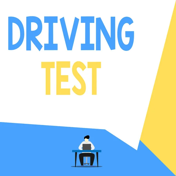 Tekst pisma jazdy test. Concept meaning procedure to test a demonstrating s is ability to drive a motor vehicle View young man sitting chair desk working open laptop geometric background. — Zdjęcie stockowe