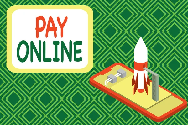 Conceptual hand writing showing Pay Online. Business photo showcasing buy products or service using credit card on any website Launch rocket lying smartphone Startup negotiations begin. — Stock Photo, Image