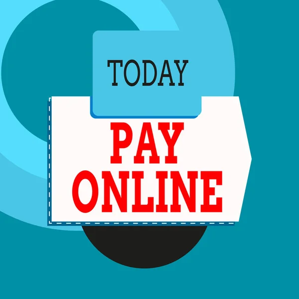 Pay Online 'ı gösteren mesaj işareti. Herhangi bir web sitesinde kredi kartı kullanan kavramsal fotoğraf satın alma ürünleri veya hizmetleri Geometrik arkaplan üzerinde boş pankart dikdörtgen kare. — Stok fotoğraf