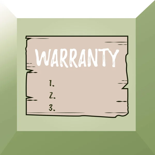 Conceptual hand writing showing Warranty. Business photo showcasing Free service of repair and maintenance of the product sold Wooden plank slots grooves wood panel colored board lumber. — Stock Photo, Image