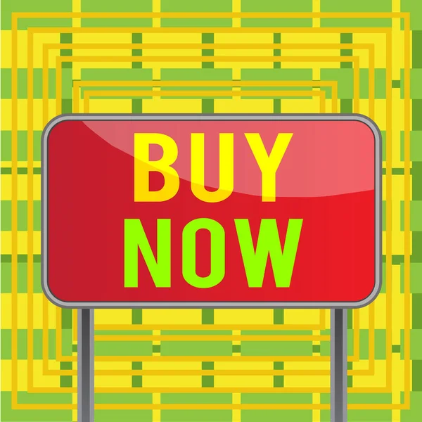 Text sign showing Buy Now. Conceptual photo asking someone to purchase your product Provide good Discount Board ground metallic pole empty panel plank colorful backgound attached. — Stock Photo, Image