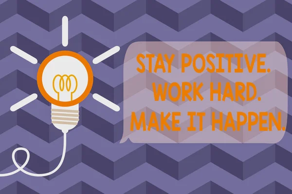 Text sign showing Stay Positive Work Hard Make It Happen. Conceptual photo Inspiration Motivation Attitude Big idea light bulb. Successful turning idea invention innovation. Startup.