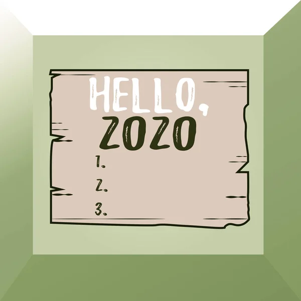 Conceptual hand writing showing Hello 2020. Business photo showcasing expression or gesture of greeting answering the telephone Wooden plank slots grooves wood panel colored board lumber.