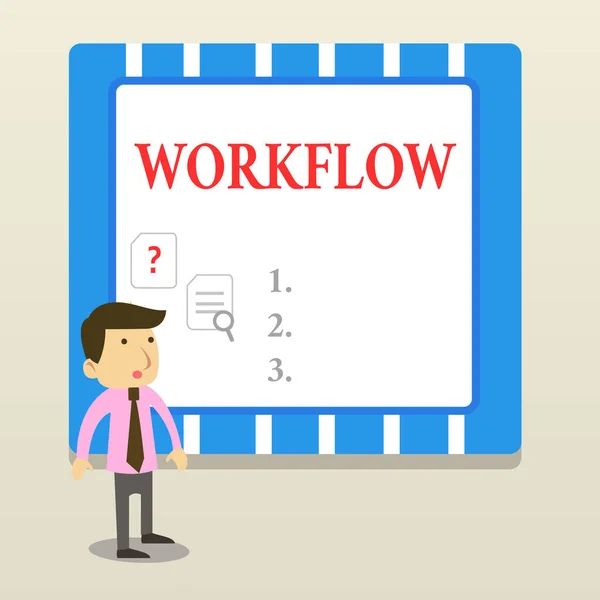 Word writing text Workflow. Business concept for Continuity of a certain task to and from an office or employer Young Male Businessman Office Worker Standing Searching Problem Solution. — Stock Photo, Image