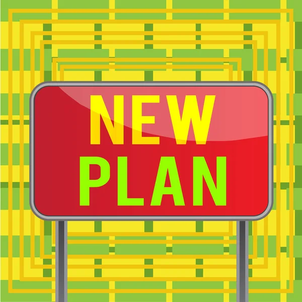 Textskylt med ny plan. Konceptuell bild Början på ett detaljerat förslag om att göra eller uppnå något Board ground metallic pole empty panel plank colorful backgound attached. — Stockfoto