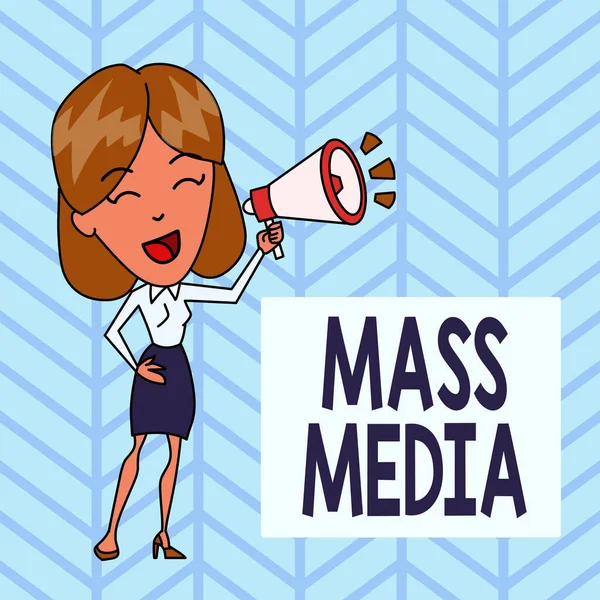 Parola di scrittura del testo Mass Media. Concetto di business per mostrare al pubblico cosa sta succedendo Young Woman Speaking into Blowhorn Volume Icona Scatola di testo colorata sullo sfondo . — Foto Stock