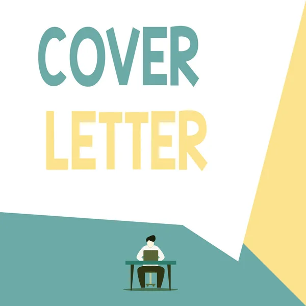 Handwriting text Cover Letter. Concept meaning document explaining the applicant s is credentials and interest View young man sitting chair desk working open laptop geometric background.