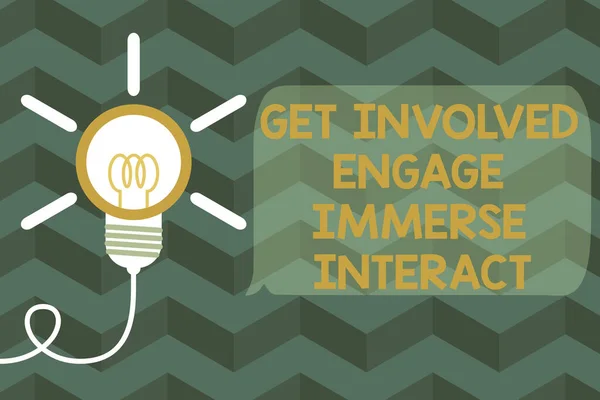 Text sign showing Get Involved Engage Immerse Interact. Conceptual photo Join Connect Participate in the project Big idea light bulb. Successful turning idea invention innovation. Startup.