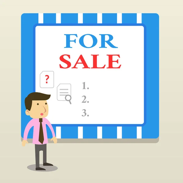 Word writing text For Sale. Business concept for putting property house vehicle available to be bought by others Young Male Businessman Office Worker Standing Searching Problem Solution. — Stock Photo, Image