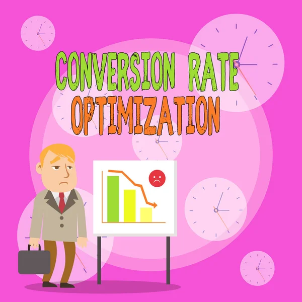 Writing note showing Conversion Rate Optimization. Business photo showcasing system for increasing percentage of visitors Businessman with Brief Case Standing Whiteboard Bar Chart.