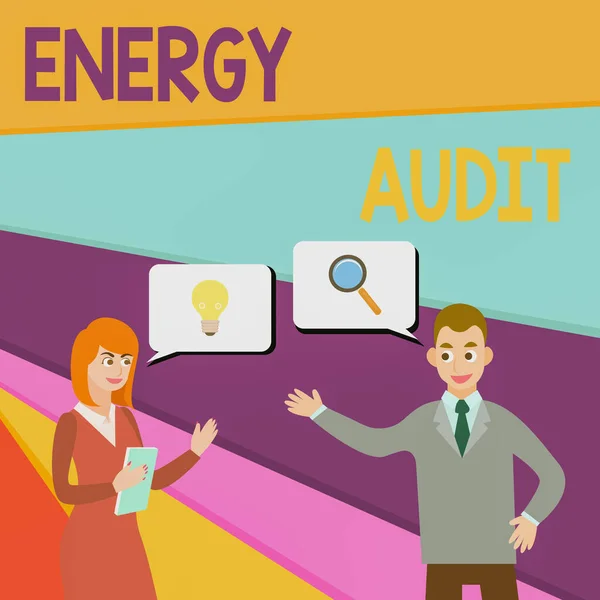 Text sign showing Energy Audit. Conceptual photo assessment of the energy needs and efficiency of a building Business Partners Colleagues Jointly Seeking Problem Solution Generate Idea.