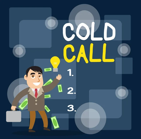 Piszę notatkę z "Cold Call". Business photo showcasing Niechciane połączenie wykonane przez kogoś, kto próbuje sprzedać towary lub usługi Successful Businessman Generating Idea lub znalezienie rozwiązania. — Zdjęcie stockowe