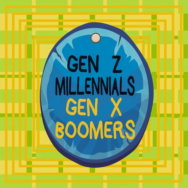 Signo de texto que muestra Gen Z Millennials Gen X Boomers. Foto conceptual Diferencias generacionales Viejo Joven mostrando tablón oval redondeado tablero de madera pinned círculo en forma de madera clavado fondo . — Foto de Stock