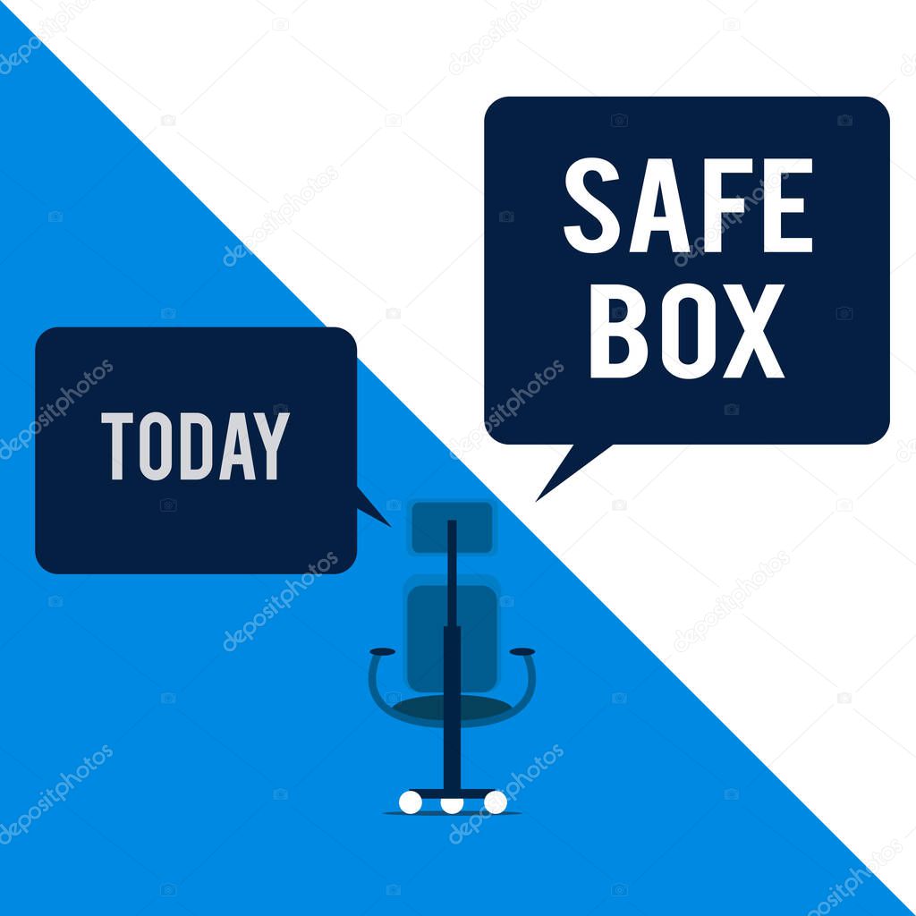 Text sign showing Safe Box. Conceptual photo A small structure where you can keep important or valuable things Executive chair sharing two blank square speech bubbles right left side.